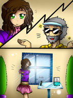 large_breasts skirt brunette short_hair table shrunken_man sunglasses indoors grey_hair dialogue on_table beard kaytlin-andcie