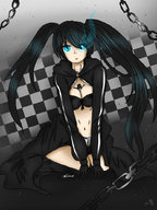 drawing black_hair large_breasts long_hair blue_eyes sitting twintails chain glowing_eyes kaytlin-andcie bare_midriff between_breasts