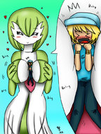 drawing pokemon blushing large_breasts clothed breast_crush short_hair gardevoir hat bracelet no_background kaytlin-andcie between_breasts