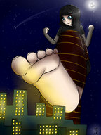 drawing city black_hair long_hair toes barefoot soles low_angle moon looking_down outdoors raised_foot kaytlin-andcie