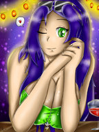 drawing large_breasts long_hair cleavage blue_hair heart shrunken_man sunglasses under_breasts winking kaytlin-andcie