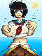 drawing giantess black_hair large_breasts wet short_hair swimming boats kaytlin-andcie sailor_suit