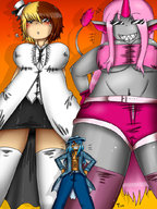 drawing tail large_breasts long_hair clothed skirt blue_hair brunette smiling pink_hair short_hair shorts shrunken_man looking_down hat hands_on_hips sharp_teeth skimpy_clothing grey_skin kaytlin-andcie
