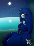 drawing gentle blushing sleeping color large_breasts long_hair cleavage blue_hair sitting looking_down night outdoors bracelet kaytlin-andcie