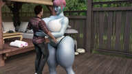 panties butt huge_breasts smiling pink_hair short_hair mini_giantess blue_skin looking_down lifting outdoors thick_thighs digital_render endlessrain0110