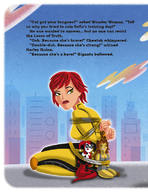 drawing giantess city mega large_breasts long_hair brunette story cheetah giganta red_hair short_hair harley_quinn bondage sitting outdoors looking_back dc_comics skintight_clothing