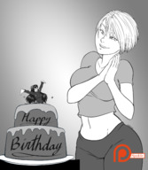 drawing gentle giantess monochrome cake short_hair surprise birthday looking_at_tiny spokle bare_midriff