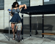 city black_hair large_breasts long_hair high_heels dress mini_giantess muscles looking_down outdoors bus_stop digital_render