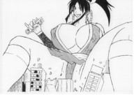 drawing giantess panties city mega upskirt monochrome long_hair destruction anime nipping huge_breasts ponytail nao