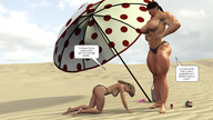 blonde black_hair long_hair beach topless ponytail mini_giantess crawling muscles looking_down outdoors umbrella bikini_bottom dialogue hands_on_hips digital_render