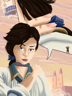 drawing crush micro black_hair long_hair blue_eyes clothed blood ponytail unaware finger_crush choker hair_bow elizabeth bioshock_infinite bioshock elizabeth_comstock cutaway