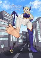 drawing giantess city color barefoot looking_down raised_foot long_socks imminent_crush my_hero_academia minoru_mineta micwhyss mt._lady grape_juice
