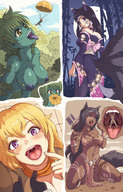 drawing giantess karbo white_hair nude vore blonde black_hair large_breasts long_hair tongue cleavage saliva topless purple_eyes yellow_eyes fox_ears fox_tail green_hair kneeling open_mouth giantesses dark_skin parachute point_of_view multiple_tails imminent_vore held_over_mouth arrow green_skin skimpy_clothing quiver