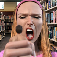 long_hair handheld angry red_hair looking_down open_mouth books indoors screaming spawngts library hairband digital_render