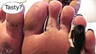 collage black_hair long_hair toes barefoot soles foot_worship shrunken_woman dirty_soles dialogue sendigiovus