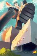 drawing giantess panties city upskirt black_hair color skirt high_heels buildings glasses stockings short_hair looking_down laughing point_of_view raised_foot imminent_crush resizestuff hand_on_mouth