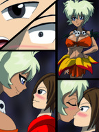 drawing blushing blonde comic color large_breasts mini_giantess kissing amazon jungle_de_ikou mii_(jungle_de_ikou) octshero