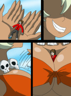 drawing giantess blonde comic color large_breasts handheld cleavage tree jungle_de_ikou on_palm mii_(jungle_de_ikou) octshero between_breasts
