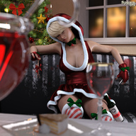 blonde large_breasts cleavage cake short_hair sitting shrunken_man looking_down indoors choker between_fingers christmas_tree pinched skimpy_clothing digital_render pursed_lips