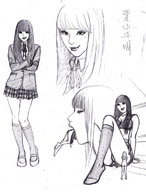 drawing vore black_hair long_hair tongue skirt underwear socks shrunken_woman no_background hime_cut