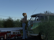 giantess long_hair clothed ponytail looking_down outdoors runswithferrets van digital_render fire_truck