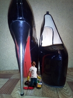 collage high_heels shoes slave shrunken_man cleaning floor anger mop cleaning_shoe