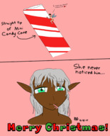 drawing vore comic color green_eyes fairy elf unaware shrunken_man grey_hair candy_cane racemaster7