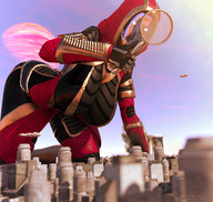 breasts giantess city mega alien planet gloves spaceship crawling mask thighs magnifying_glass point_of_view hood glowing_eyes digital_render mass_effect quarian looking_at_tinies