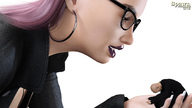 handheld glasses pink_hair hand face worship shrunken_man manicure spawngts earrings looking_at_tiny digital_render