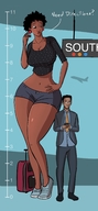 drawing gentle color clothed cleavage navel amazon shorts looking_down standing size_comparison suitcase bare_midriff caiman2 african_american