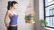 brunette belly cage sorenzer0 shrunken_house looking_at_tiny digital_render dreamhome