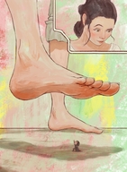 drawing giantess mega long_hair barefoot brunette smiling star_wars shrunken_man looking_down raised_foot impending_doom buggysplat rey_(star_wars) kylo_ren