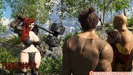 long_hair huge_breasts red_hair mini_giantess outdoors curvy hammer skimpy_clothing redfiredog digital_render dinnerkun