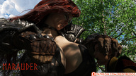 long_hair huge_breasts angry red_hair mini_giantess looking_down curvy choker redfiredog digital_render dinnerkun