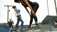 large_breasts clothed multiple_sizes bending_over looking_down looking_up outdoors running_away redfiredog digital_render overly_attached_giantess
