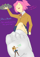 drawing giantess skirt socks pigtails unaware shrunken_woman point_of_view dialogue stuck_to_foot no_background doki_doki_literature_club monika_(ddlc) natsuki_(ddlc)