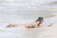 collage swimsuit beach barefoot water wet shrunken_man waves sunglasses sand lowerrider heidi_klum looking_at_tiny