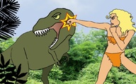 drawing giantess blonde long_hair dinosaur fighting outdoors t-rex skimpy_clothing punching j1ms1xeven
