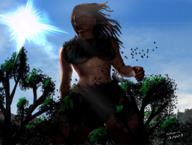 drawing giantess color green_eyes red_hair sun underboob tattoo point_of_view looking_at_viewer digital_render tastysnack mixed_media