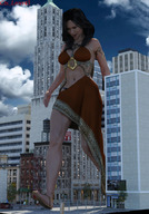 giantess city black_hair blood goddess smiling sandals walking medium_length_hair running looking_down imminent_crush digital_render navel_ring giantess_lover45 bare_midriff