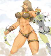 drawing giantess panties large_breasts mecha blue_eyes bra blood brunette muscles bikuta mech combat skimpy_clothing