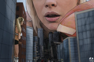 giantess city mega blonde bra finger multiple_sizes ponytail face skyscraper giantesses hiding pandoza fingernail digital_render
