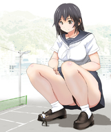 drawing giantess black_hair color pubic_hair squatting uniform bikuta looking_at_tiny