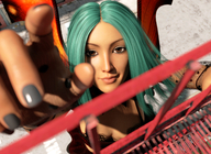 giantess wings brown_eyes nail_polish point_of_view looking_at_viewer reaching_hand digital_render turquoise_hair innocent-owl