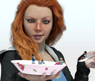 handheld green_eyes red_hair spoon shrunken_people bowl freckles imminent_vore looking_at_tiny digital_render innocent-owl