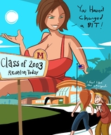 drawing giantess giga color green_eyes huge_breasts brunette kim_possible medium_length_hair disney high_school ron_stoppable thick_thighs caiman2 bonnie_rockwaller