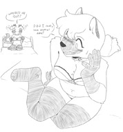 drawing furry blushing anthro monochrome bra shrunken_man between_breasts penny_(ethan64) emmacat64