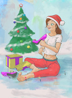 drawing giantess color barefoot high_heels green_eyes shoes brunette christmas tree sitting gift nail_polish christmas_tree santa_hat buggysplat