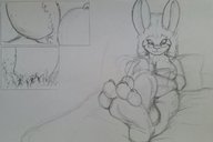 drawing giantess nude feet furry monochrome bunny toes barefoot paws unaware between_toes rabbit_girl mature dylan