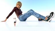 gentle blonde blue_eyes clothed jeans shoes sitting shrunken_man looking_down leather_jacket no_background digital_render 3d-giantess-studios
